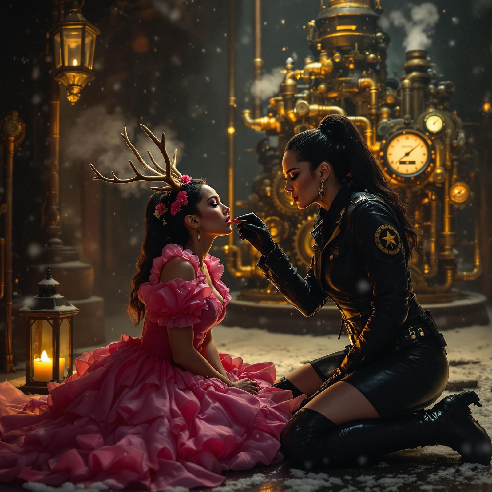 Moody Steampunk Prison Guard Dominates Kneeling Figure
