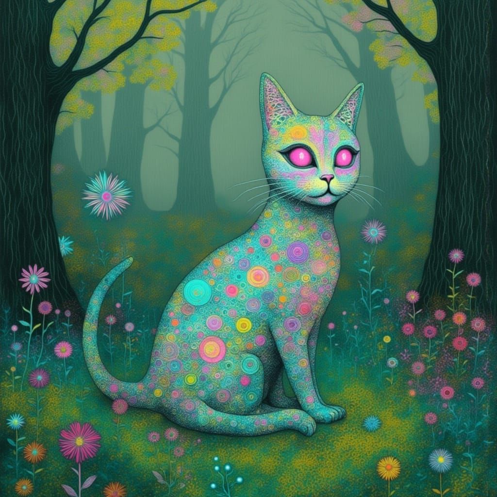 Iridescent Lace Cat in Enchanted Misty Forest