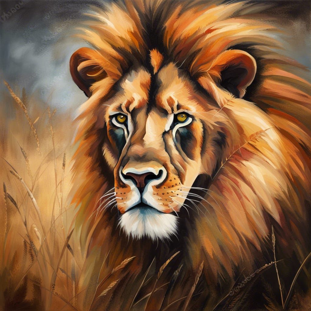 Ferocious Lion on the African Savanna: Oil Painting