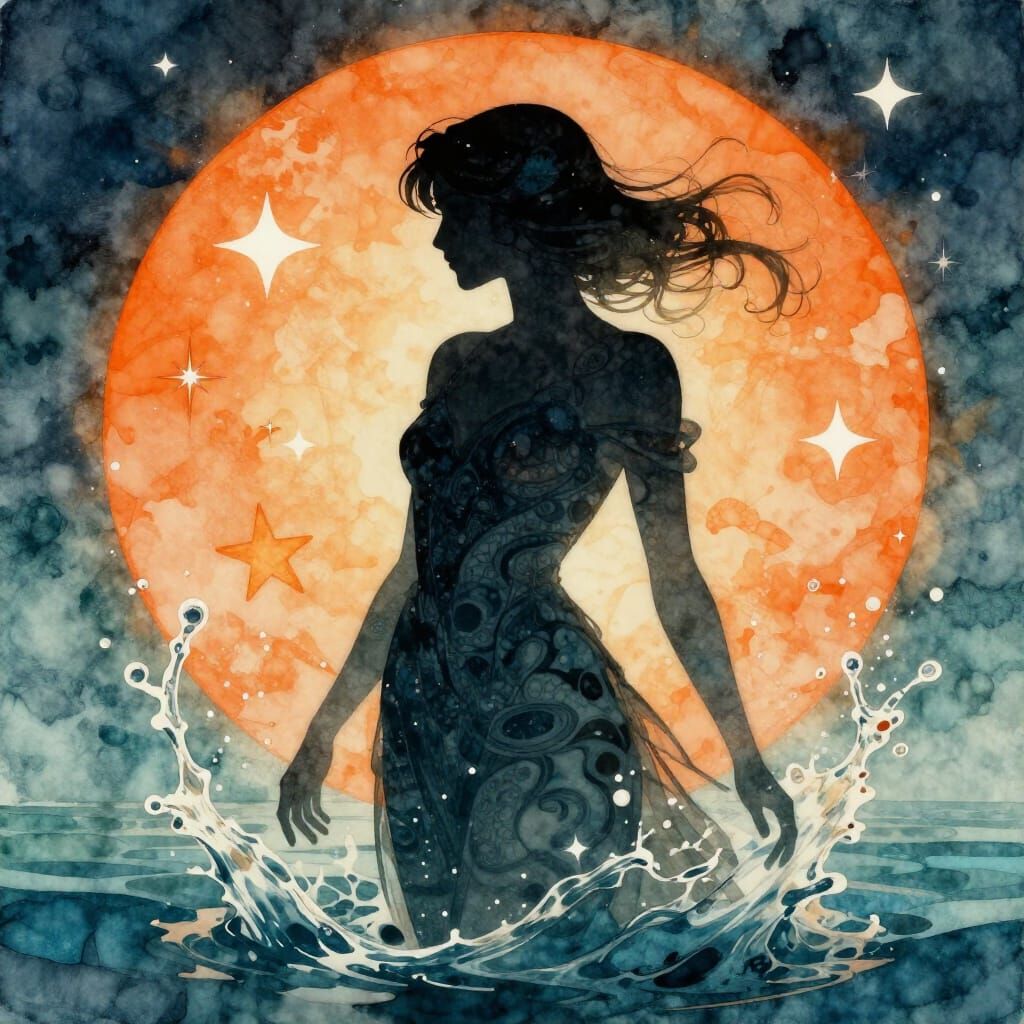 Woman Silhouette Among Stars in Watercolor Style
