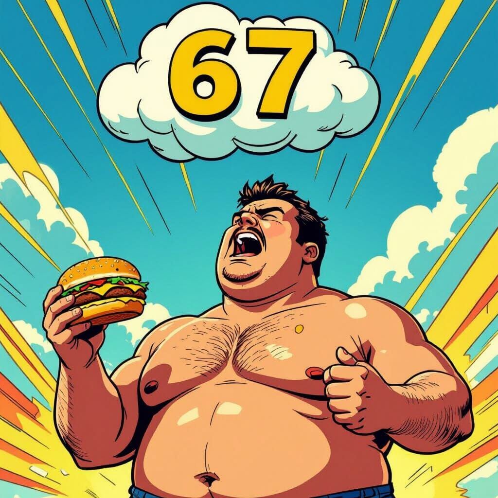 Chunky Man Shouting Under 67 Cloud With Burger