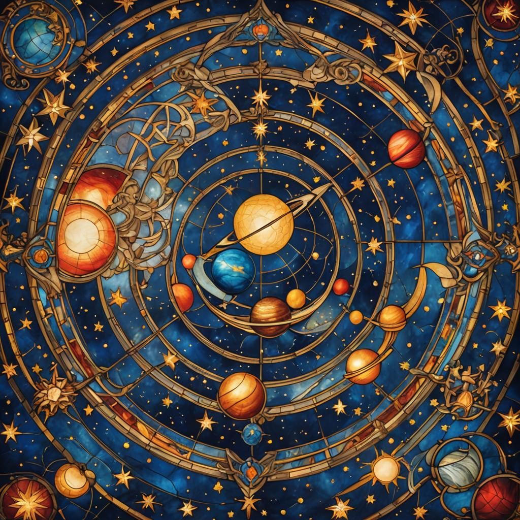 Celestial Stained Glass Window with Planets and Stars
