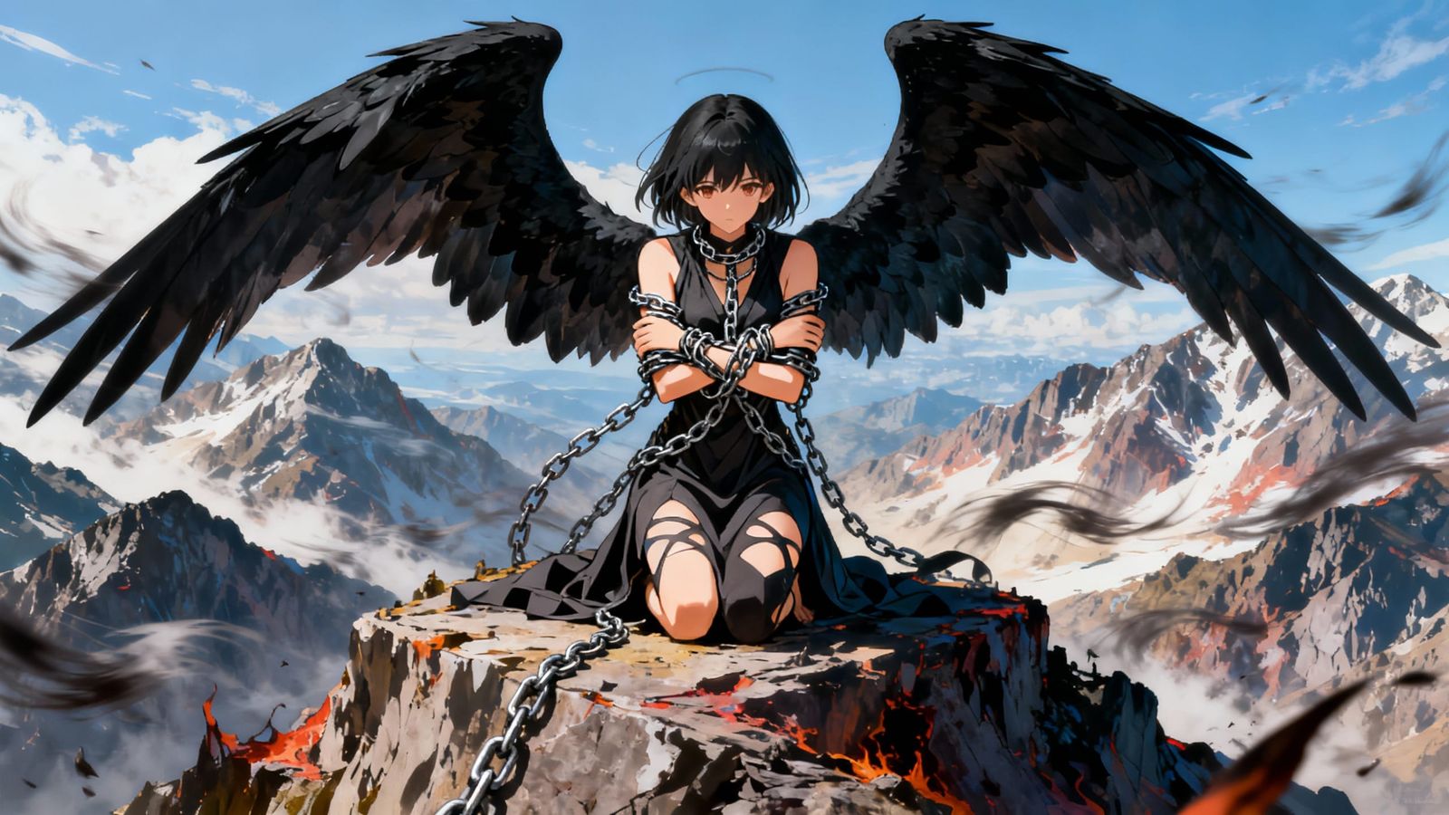 Anime Fallen Angel Kneeling on Apocalyptic Mountain