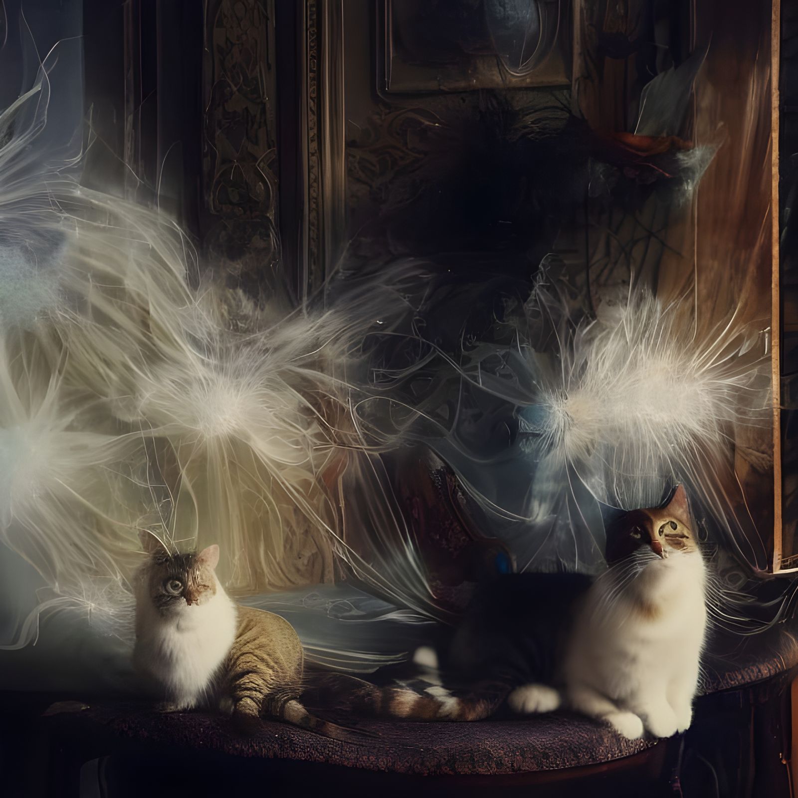 Cats on Antique Furniture in Dreamlike Light
