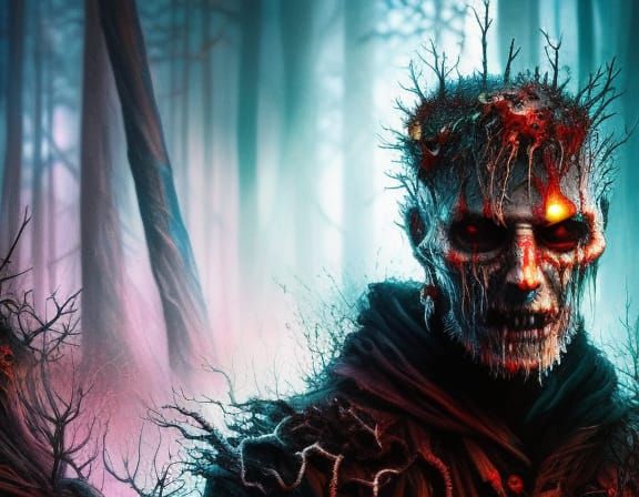 Cute Bloody Poltergeist in Viking Forest: Oil Painting