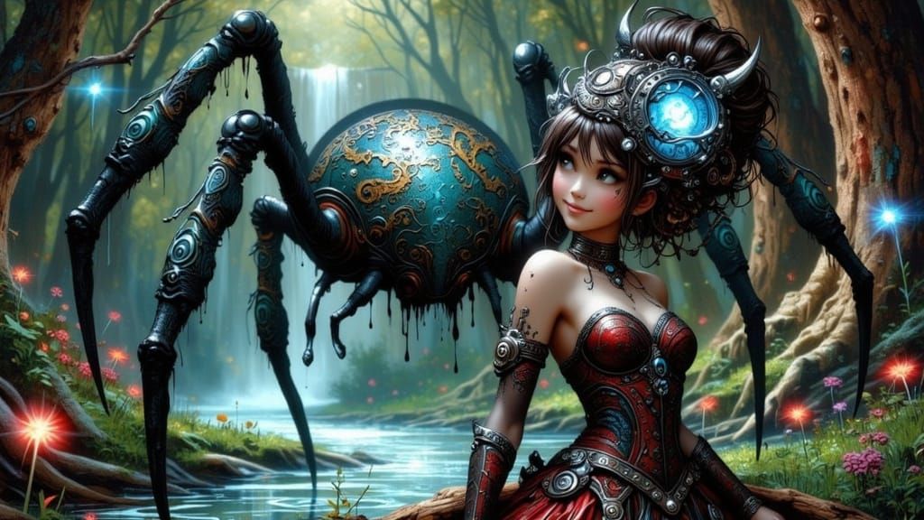 Fairy Princess on Spider in Enchanted Forest