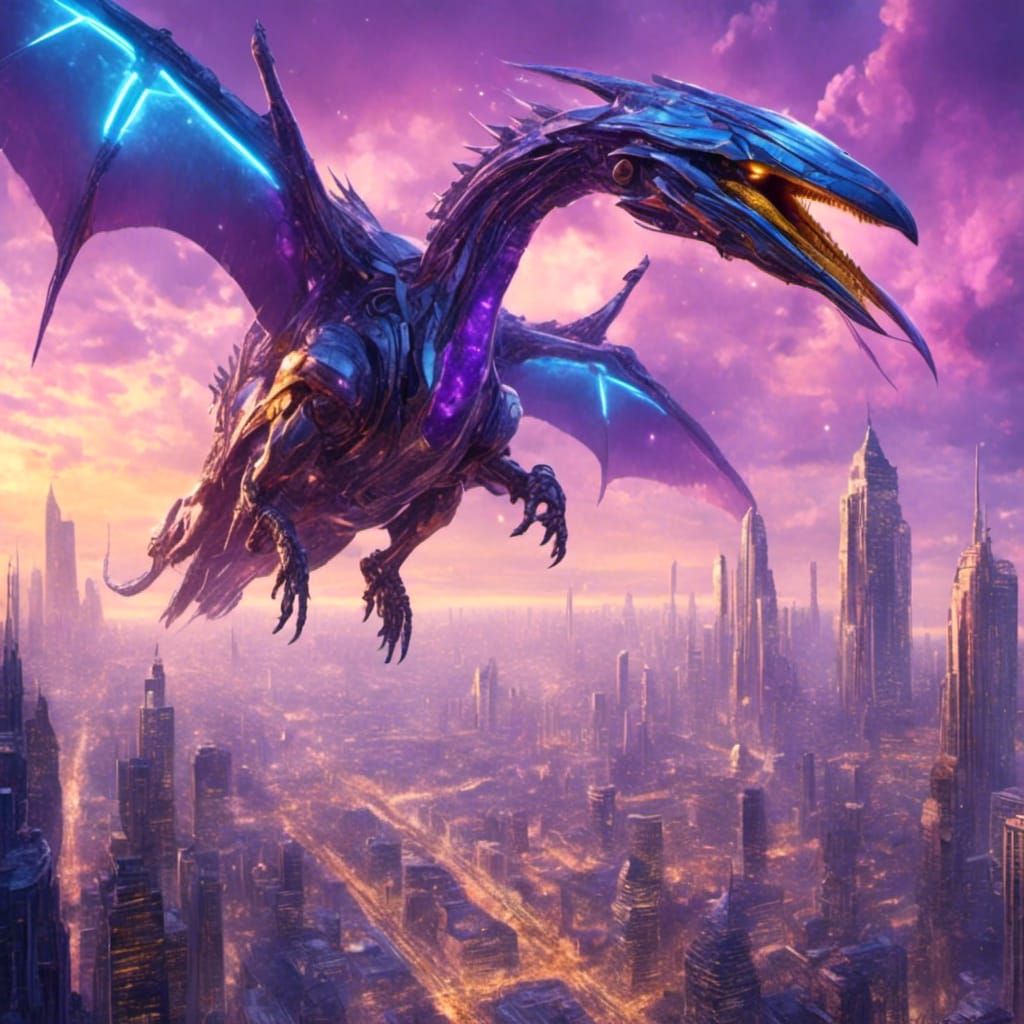 Mecha Pterodactyl Freezes a Futuristic City