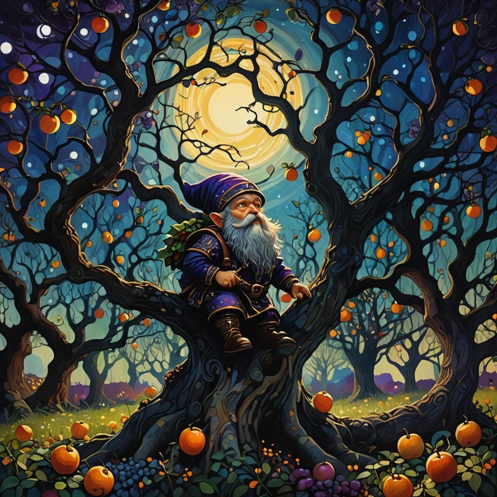 Grotesque Dwarf in Orchard: Klimt-Inspired Magical Realism