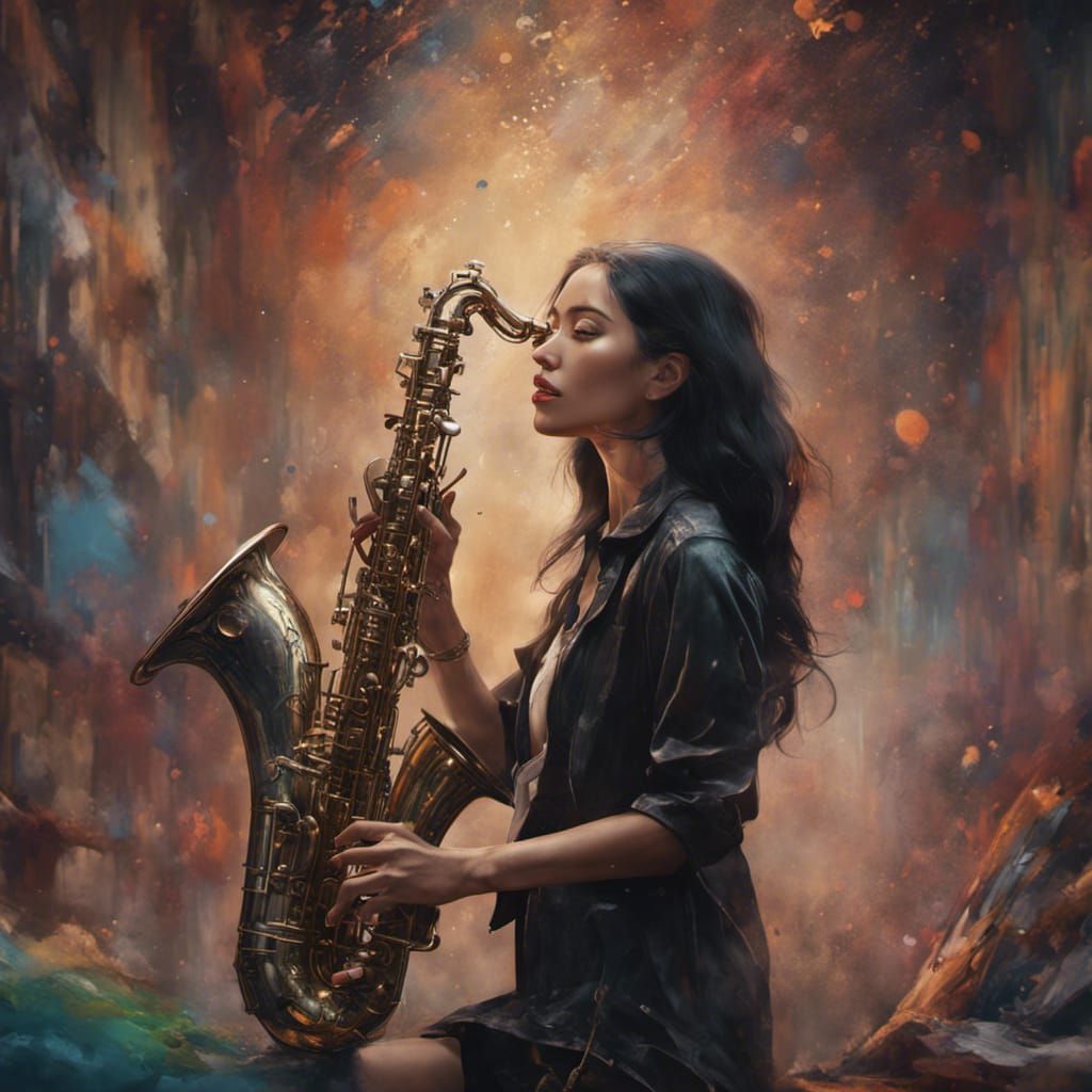 Woman Painting Saxophone: Detailed Matte Painting