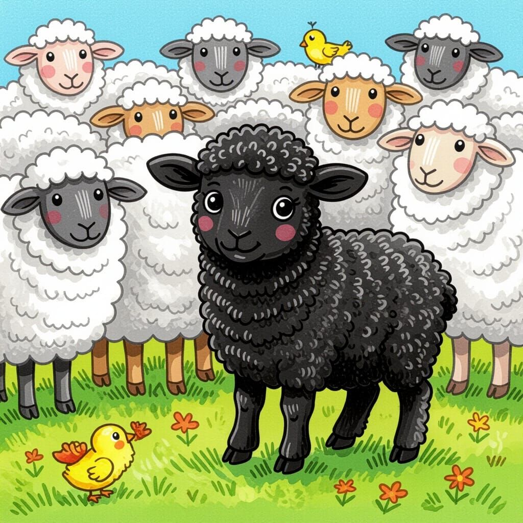 Nervous Lamb in a Flock of Sheep Illustration