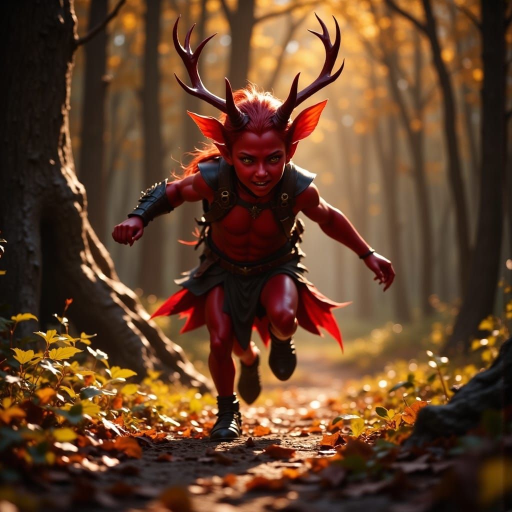 Child Tiefling with Antlers Running Through Forest