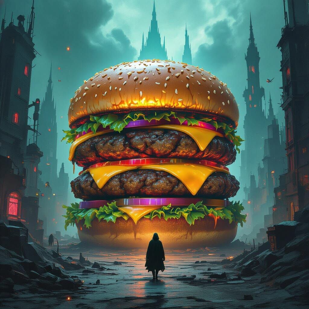 Colossal Hamburger in Gothic-Alien City, Cosmic Horror Style