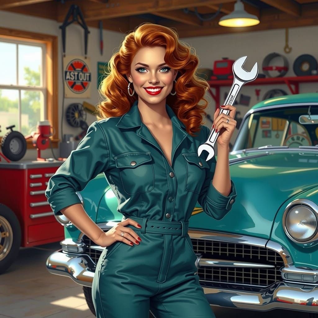 Retro Pin-Up Mechanic in Sun-Drenched 1950s Garage