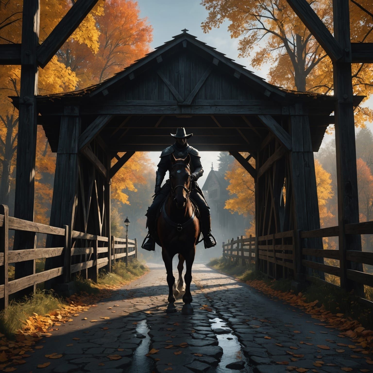 Headless Horseman Rides Through Covered Bridge