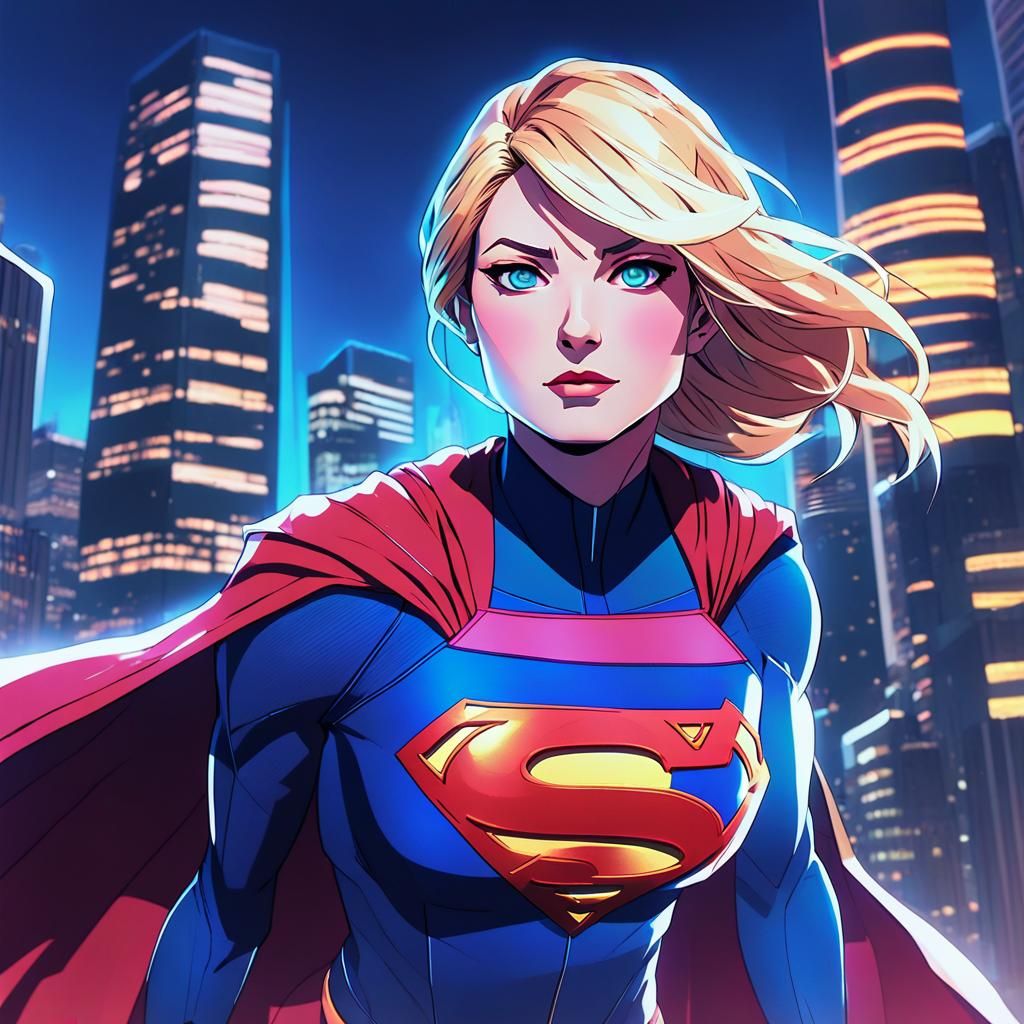 Supergirl in Radiant Cityscape: Anime Style Portrait