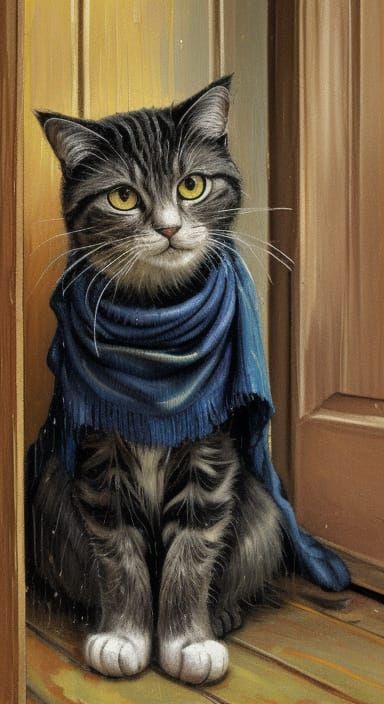 Lady and Cat at Cottage Door in Fauvist Style