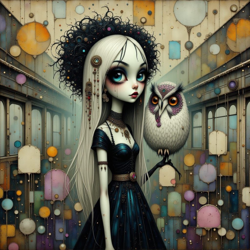 Whimsical Train Journey with Owl, in Tim Burton Style