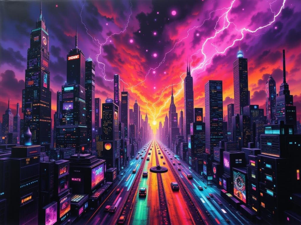Neon Cityscape with Sci-Fi Metropolis and Flying Vehicles