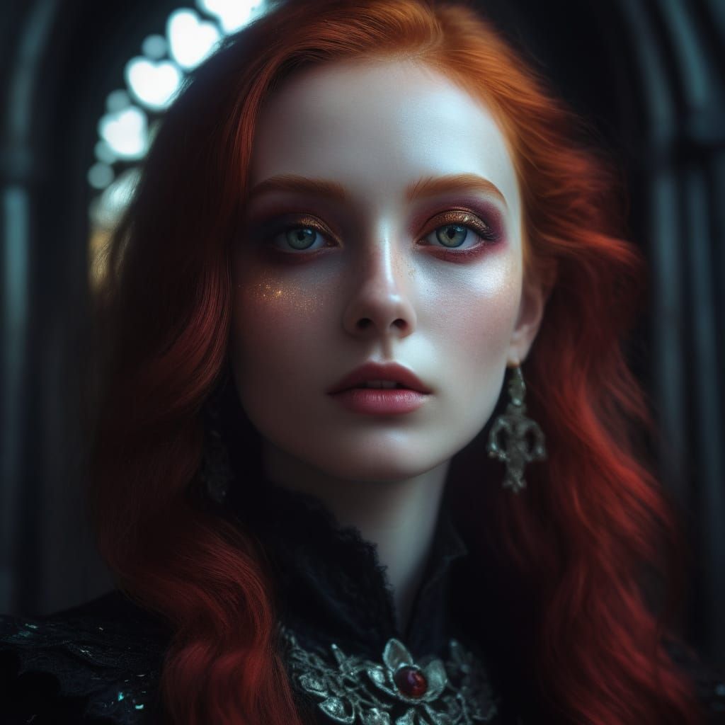 Stunning portrait of Romantic Gothic woman with deep red hair& dark brown eyes with red eyeshadow with dark red eyeliner...