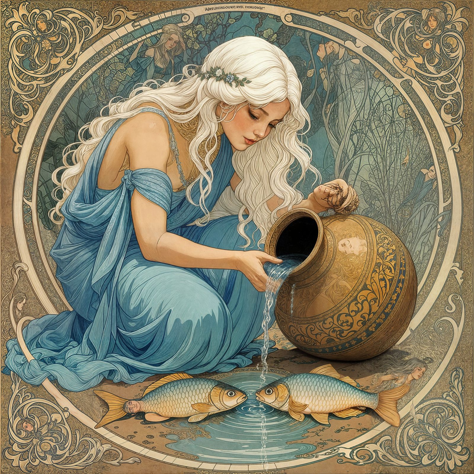 Aquarius Woman Pours Water in Art Nouveau Style