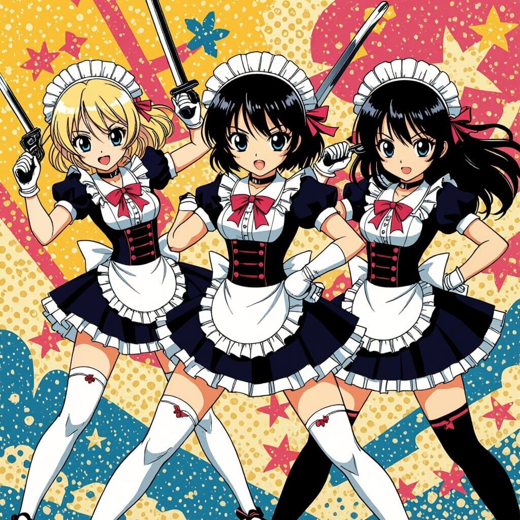 Anime Maids Fighting in Pop Surrealist Style