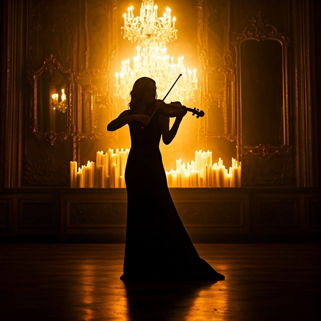 Shadow of a Violinist in Candlelit Baroque Splendor