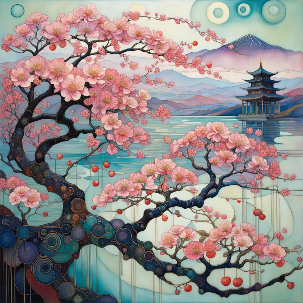 Intricate Cherry Blossoms in Art Nouveau Style