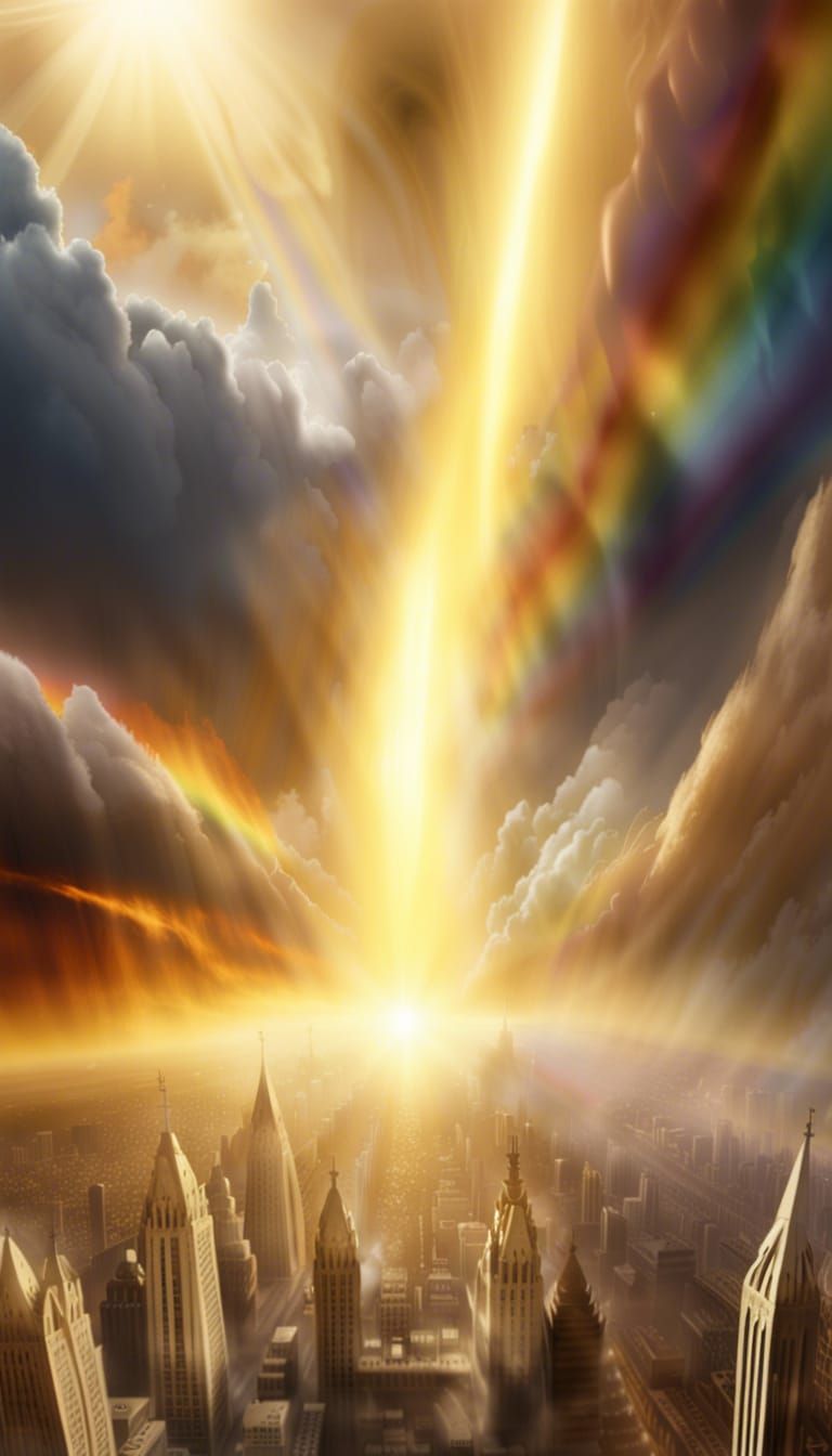 Jesus christ, the Rapture heavily blinding light, huge golden city behind Jesus, king of king, lord of Lords, rainbow ov...