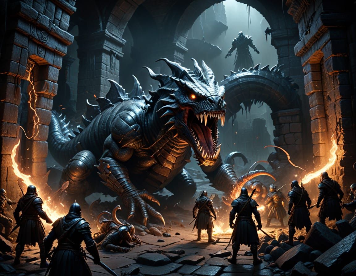 Epic Dungeon Battle: Giant Monster Worm in Oil Painting Styl...
