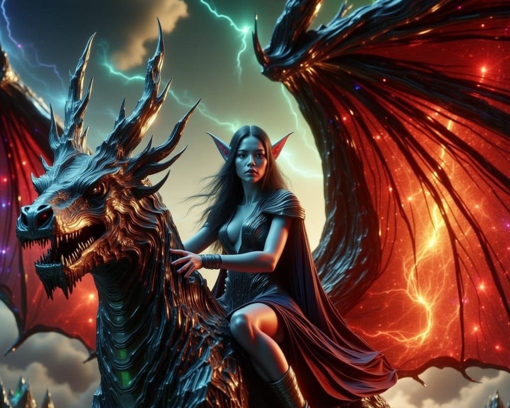 Elf Riding Dragon in Dark Fantasy Style