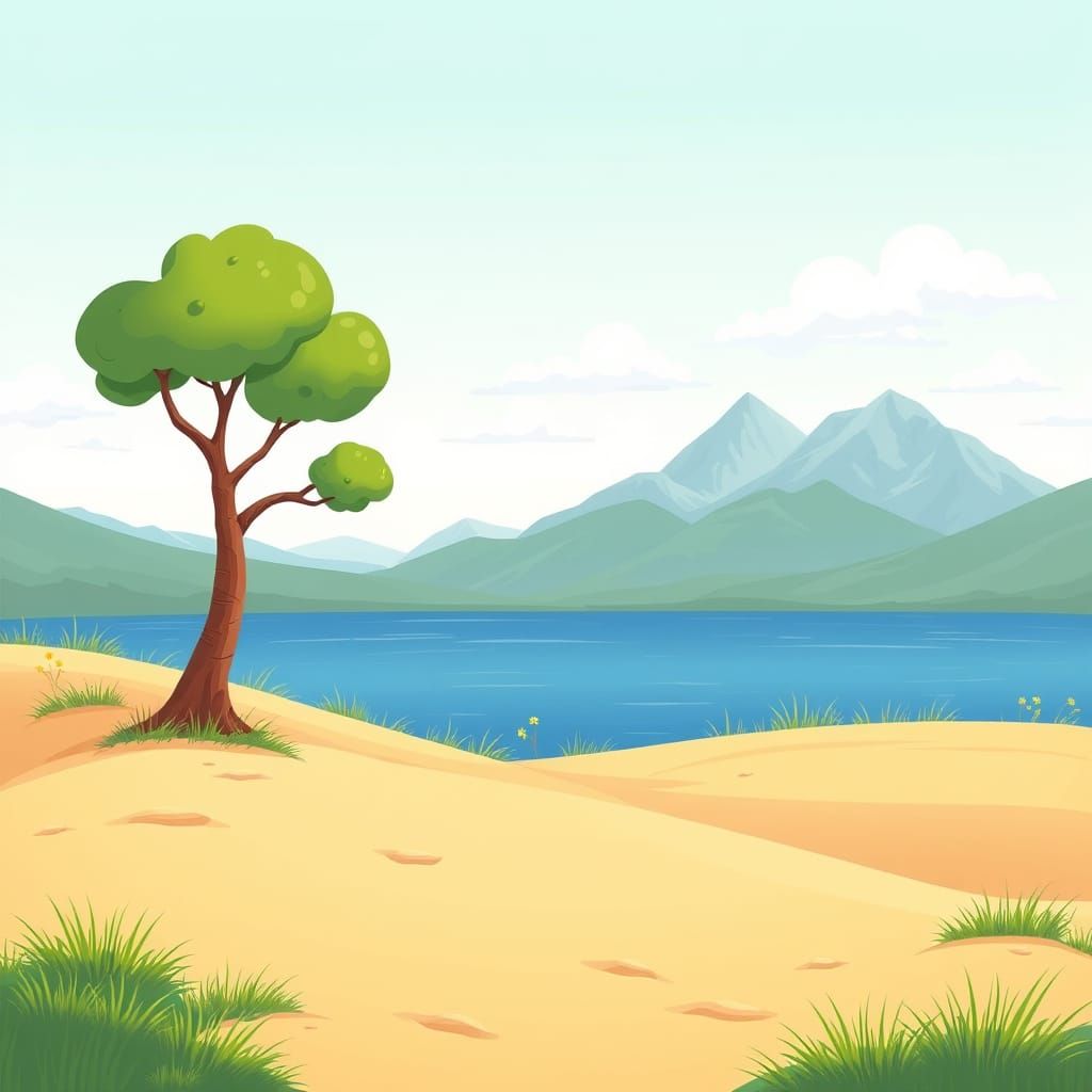 Chubby Cartoon Landscape with Lake and Mountains