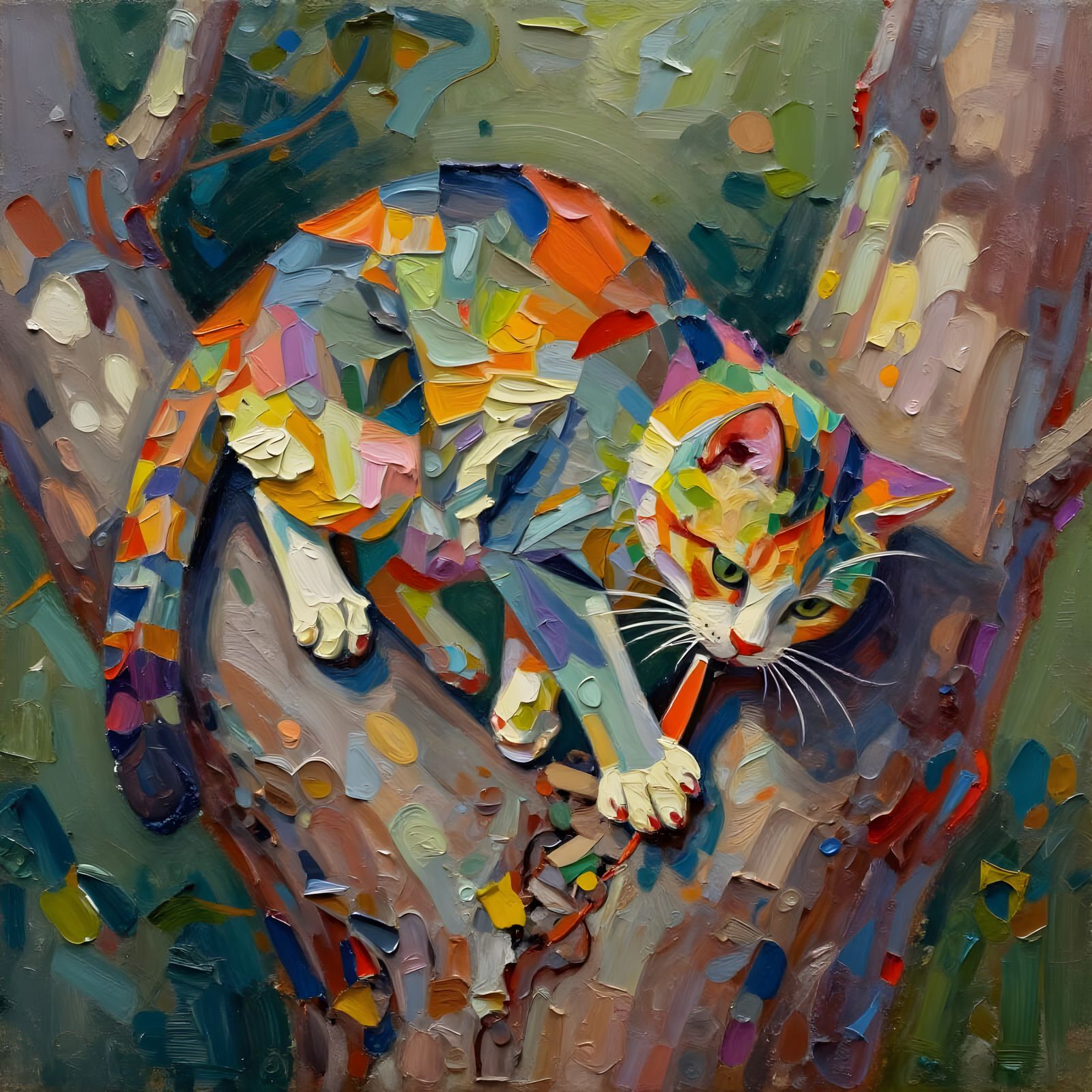Vibrant Oil Painting of a Cat Stretching in Sunlight