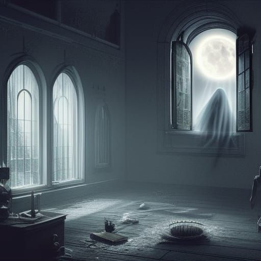 Spooky Ghost in Haunted Attic by Moonlight