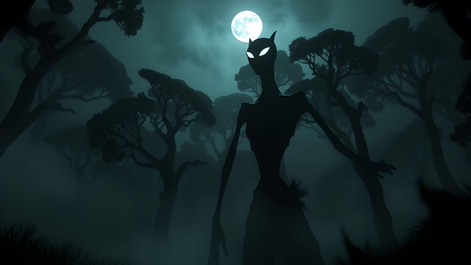 Distorted Shadow Figure in Forest: Beksinski-esque Horror