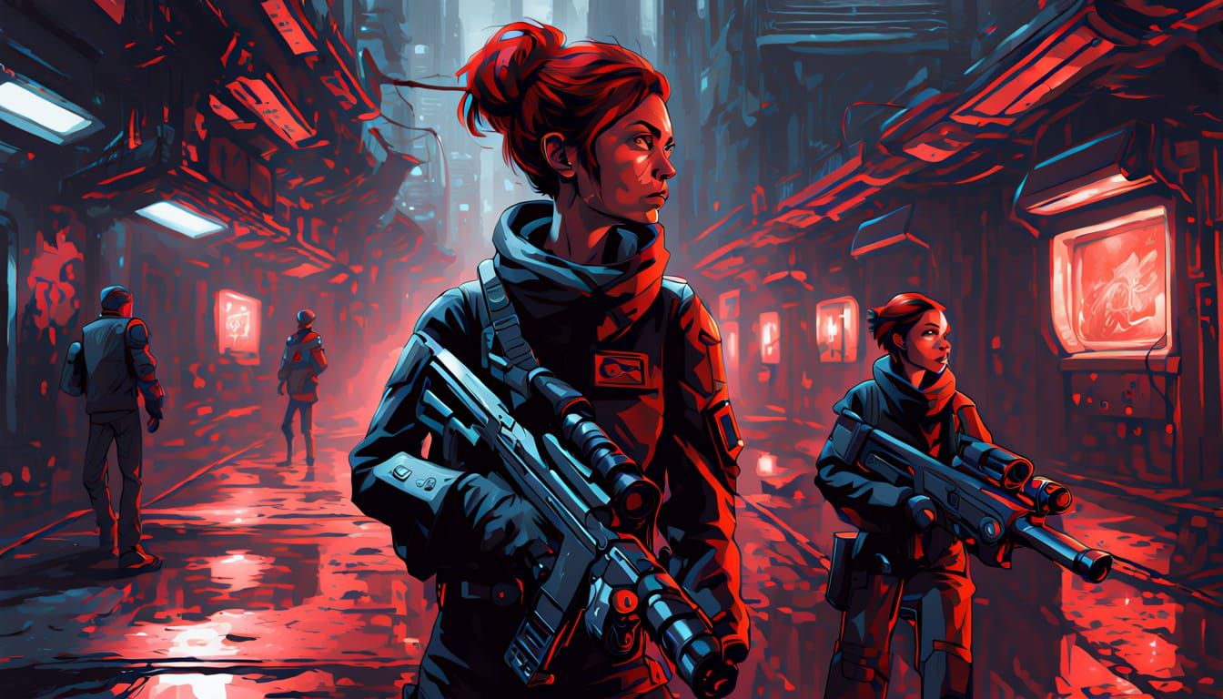 Petite Woman & Pixie Gun Slingers Patrol Sci-Fi City Corrido...