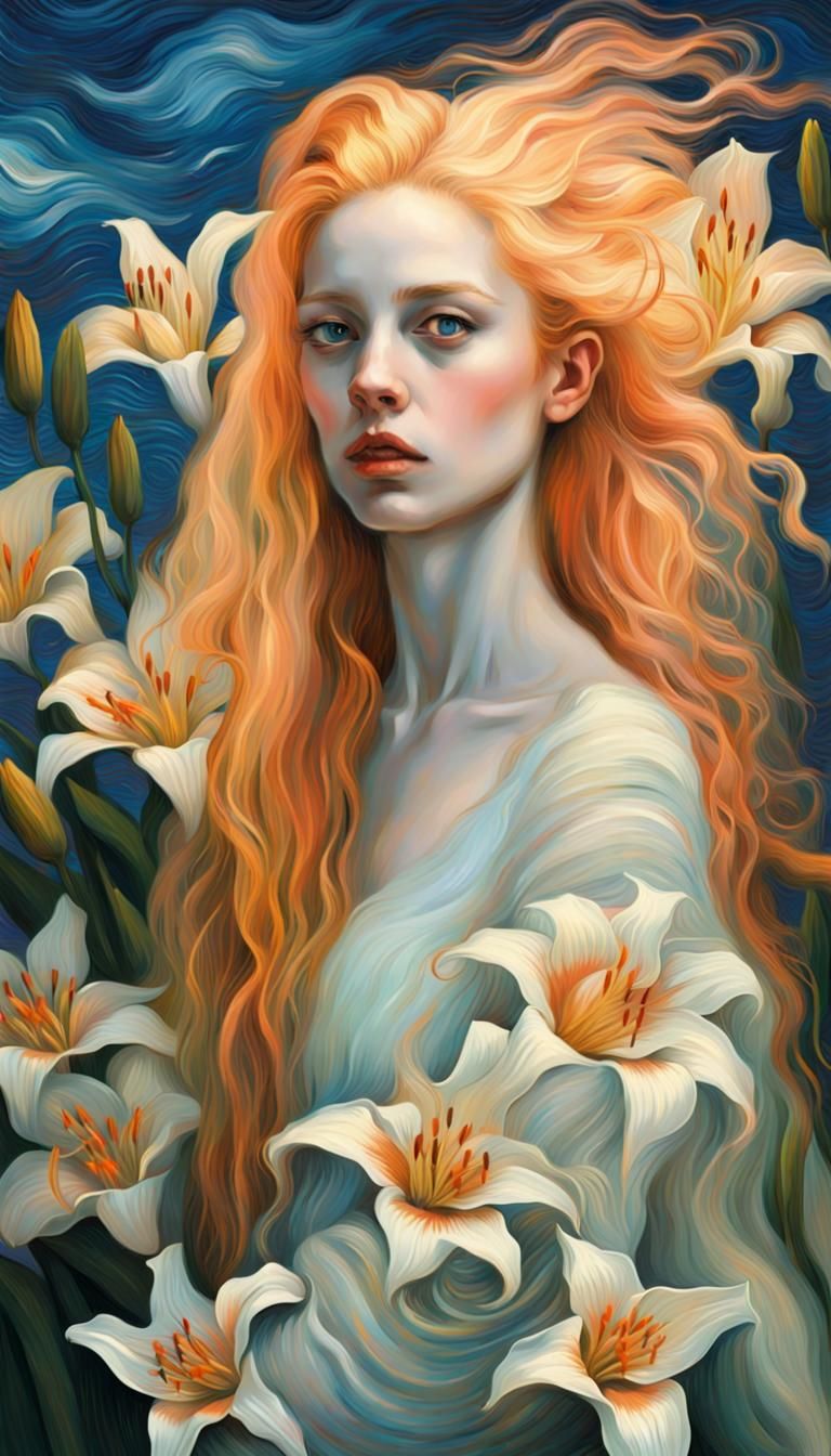 Albino Goddess with Lilies, Impressionist Painting