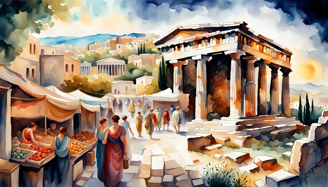 Ruined Greek Agora: Watercolor Nightscape