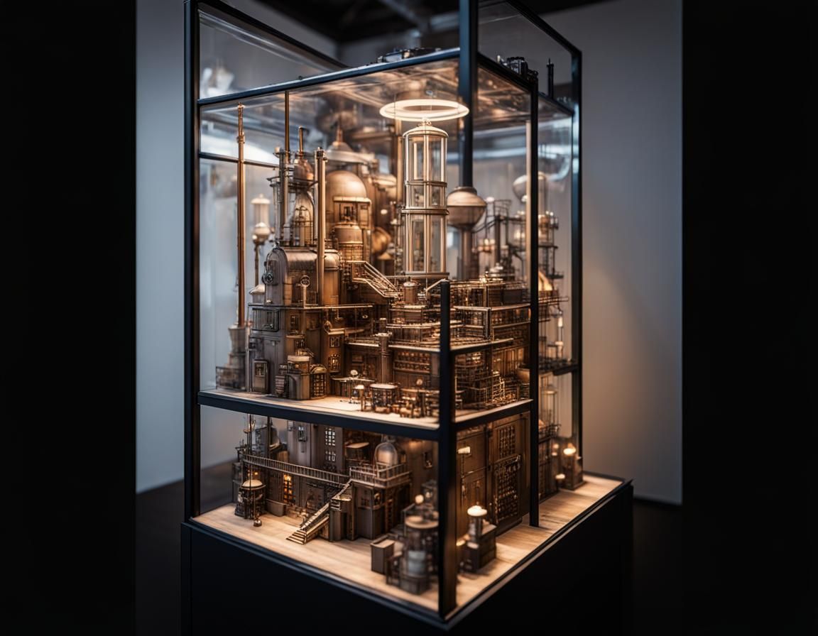 Serene Steampunk Factory Model in Glass Case