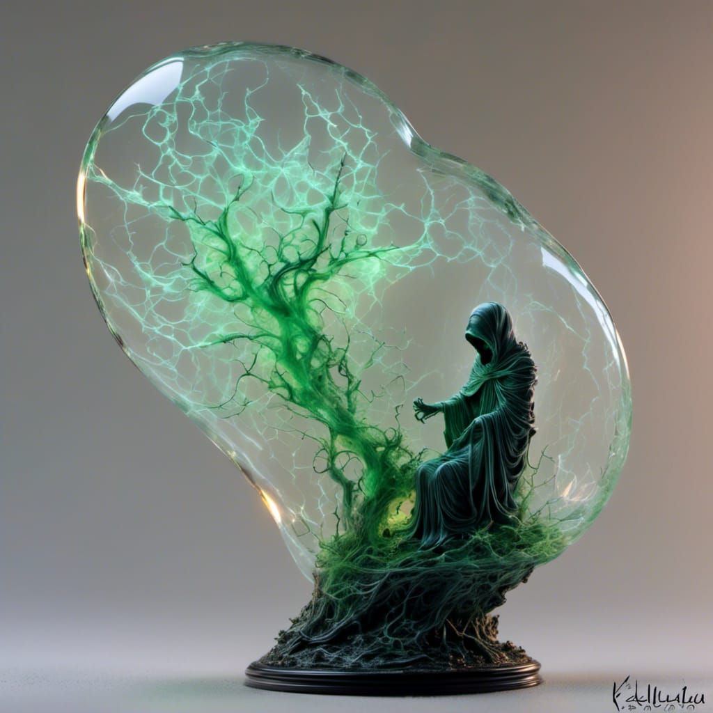 Miniature Ghost in Cracked Glass Head with Neon Runes