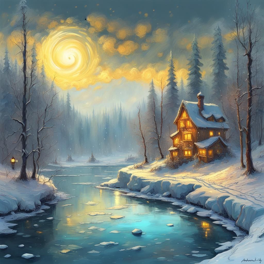 Icy River Through Snowy Forest in Surreal Style