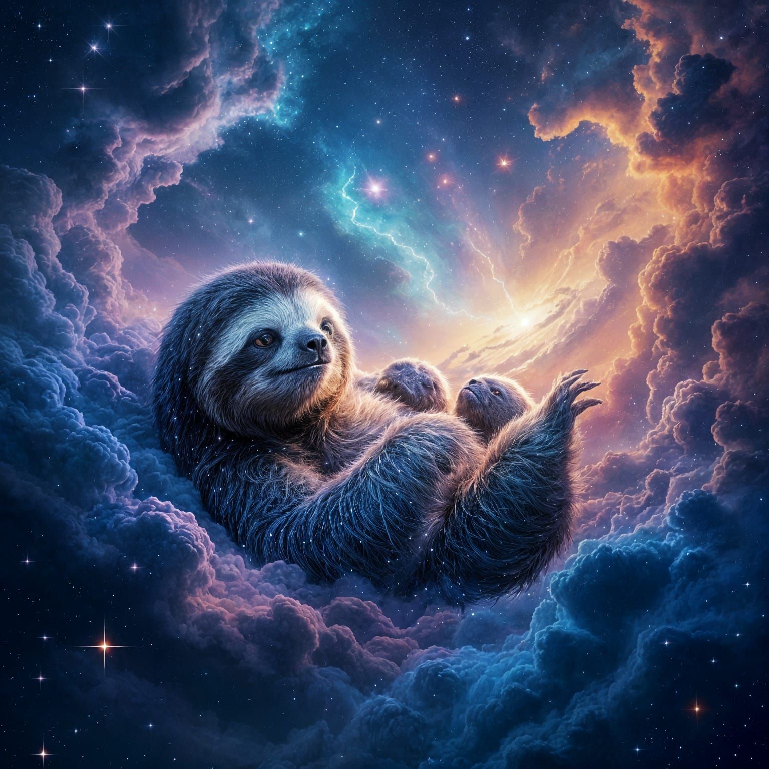 Bioluminescent Sloth in Cosmic Nebula, Fantasy Art