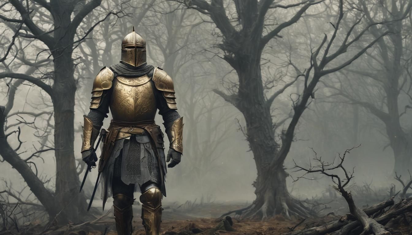 Solemn Knight in Misty Valley Illustration