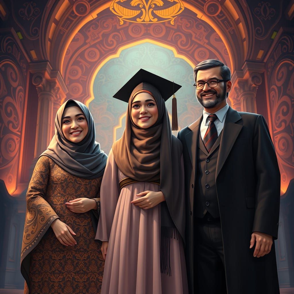 Hijabi Graduate Surrounded by Joyful Family in Vibrant Unive...