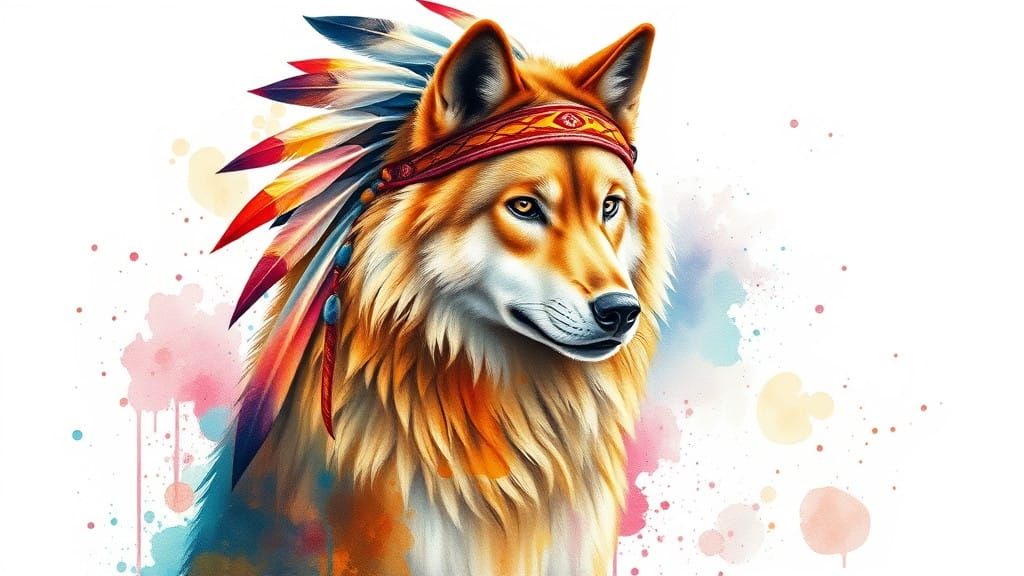 Regal Gold Wolf in Watercolor, with Native American Feathere...