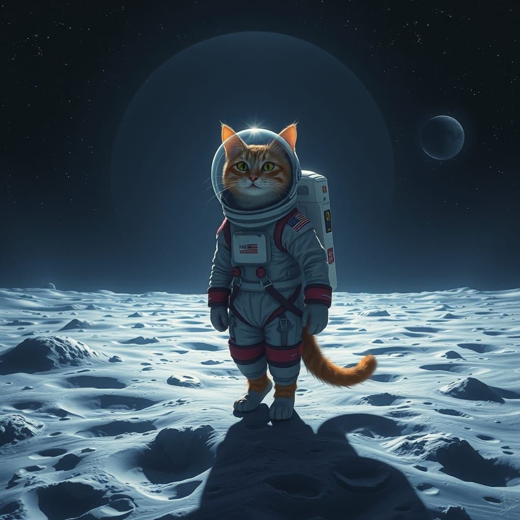 Cat Astronaut on Lunar Surface, Futuristic Style