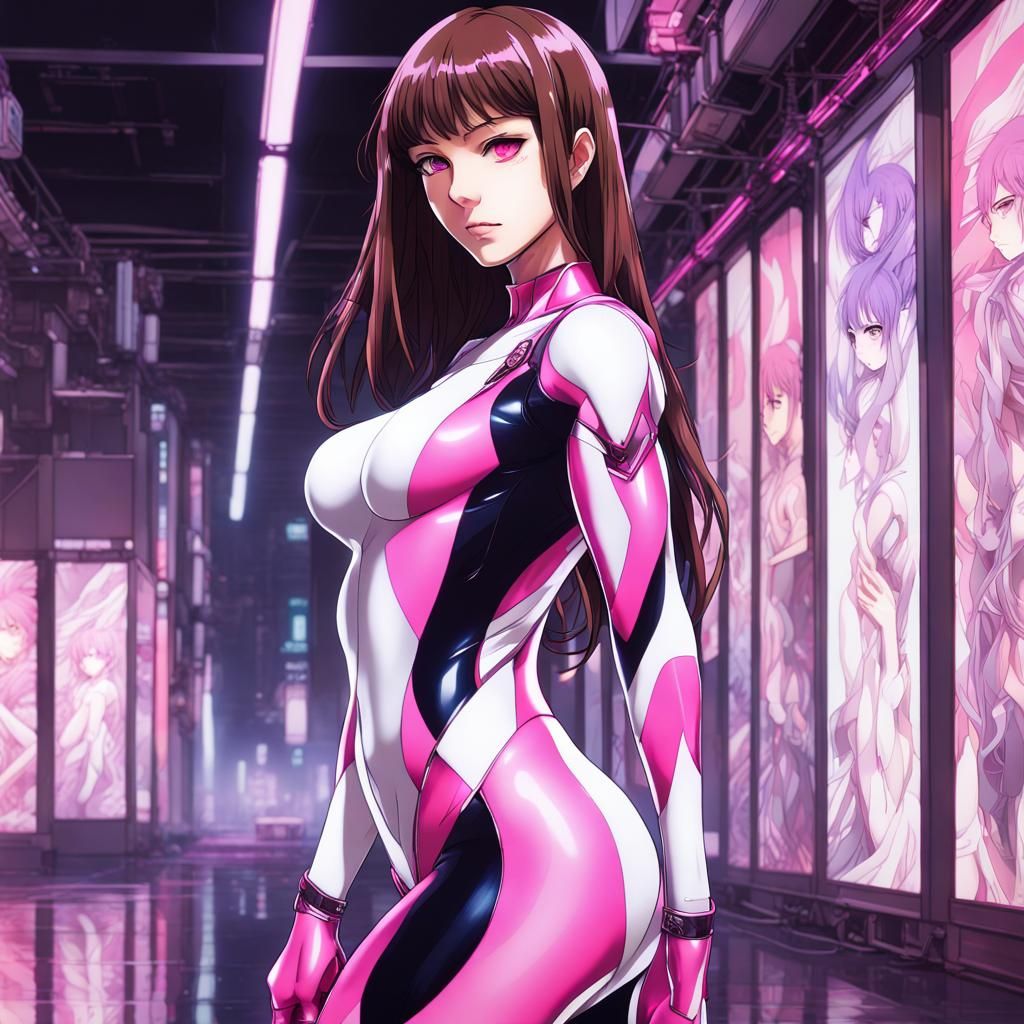 Anime Woman in Cyberpunk Gallery with Lavender Eyes