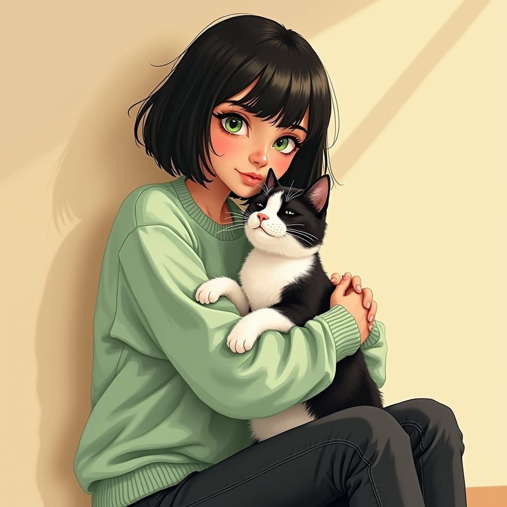 Woman with Cat Portrait in Watercolor Digital Art