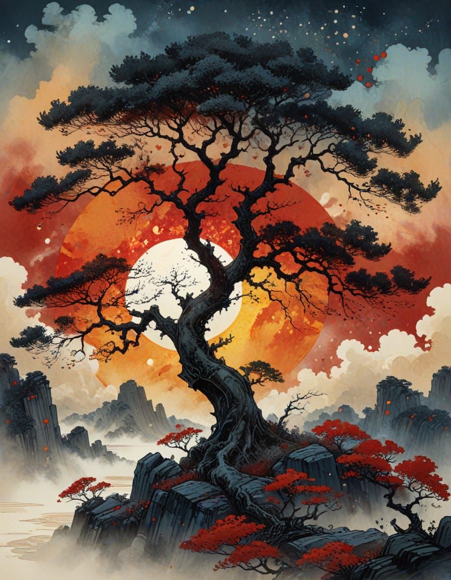 Ethereal Old Tree in a Cosmic Landscape, in the Style of Rus...