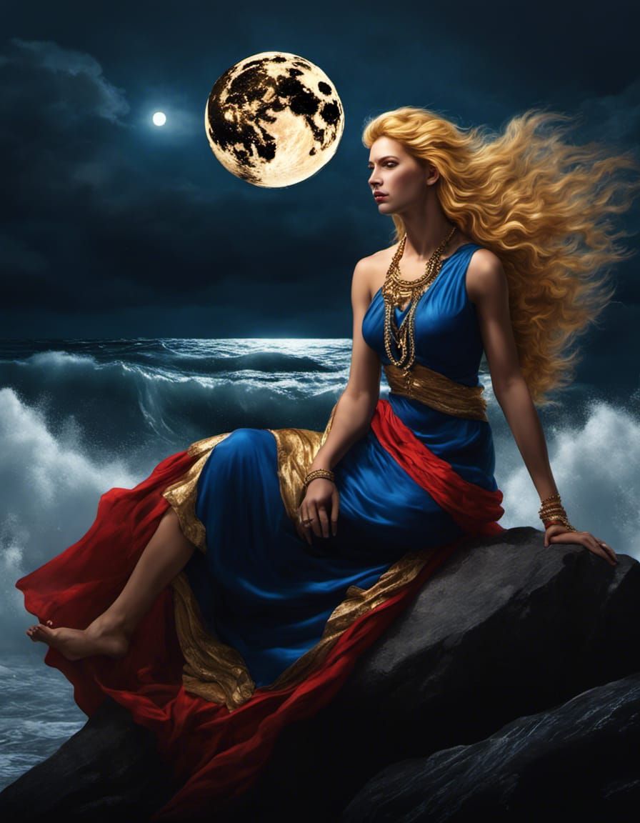 Amazon Warrior on Stormy Coast, Hyperrealistic Splash Art