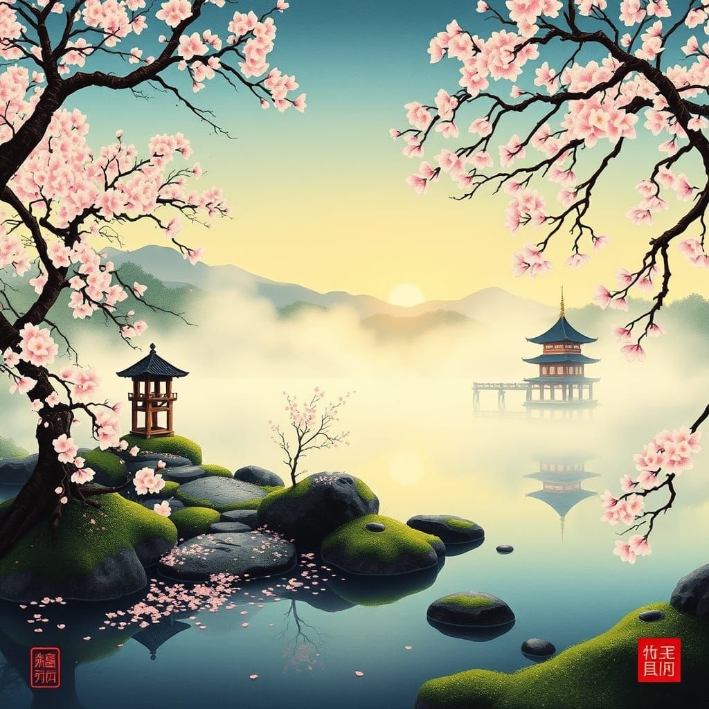 Serene Japanese Garden at Dawn in Ukiyo-e Style